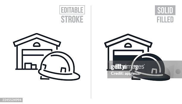 warehouse and a hard hat - editable stroke and solid icons - warehouse safety stock illustrations
