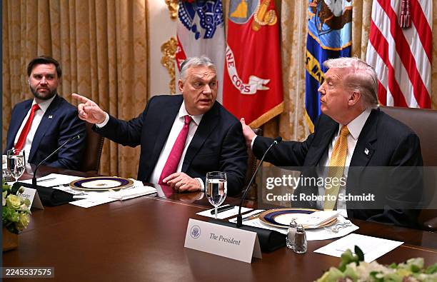 President Donald Trump and Vice President JD Vance meet with Prime Minister of Hungary Viktor Orban during a bilateral lunch in the Cabinet Room of...