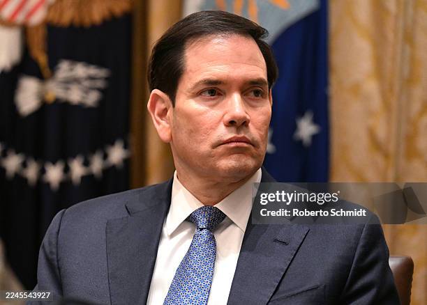 Secretary of State Marco Rubio attends a meeting with President Donald Trump and Prime Minister of Hungary Viktor Orban in the Cabinet Room of the...