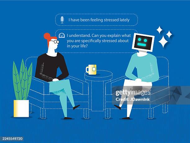 artificial intelligence mental health therapy session concept with person using ai for counselling - mental health professional stock illustrations