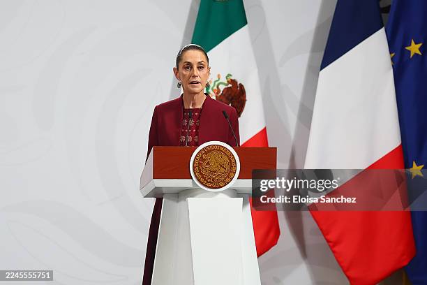 President of Mexico Claudia Sheinbaum speaks during a welcome ceremony for President of France Emmanuel Macron as part of an official visit to Mexico...
