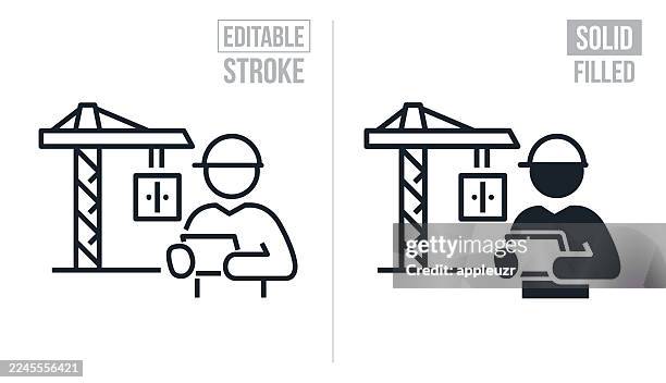 dock worker inspecting cargo container at a shipping yard - editable stroke and solid icons - coordinator stock illustrations