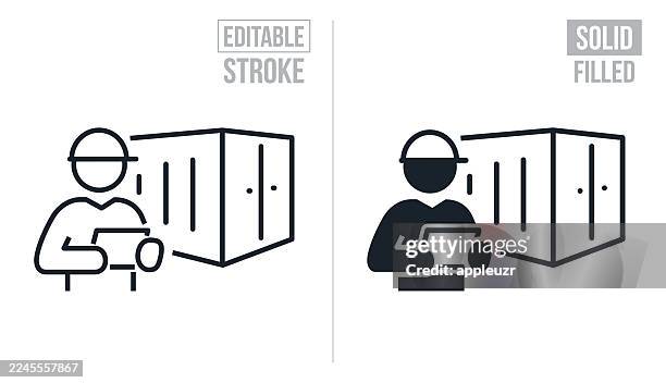 dock worker inspecting cargo container - editable stroke and solid icons - coordinator stock illustrations
