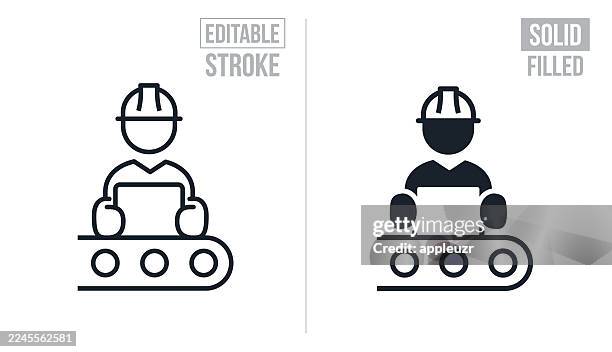assembly line worker packaging at conveyor belt - editable stroke and solid icons - factory worker icon set stock illustrations