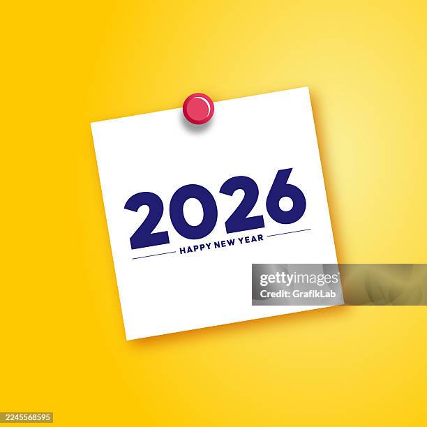 ilustraciones, imágenes clip art, dibujos animados e iconos de stock de nota de año nuevo 2026 - prender con alfileres