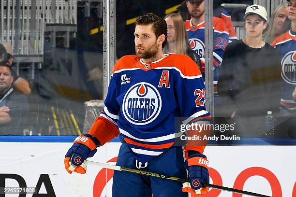 Leon Draisaitl of the Edmonton Oilers looks on during warmups prior to the game against the Columbus Blue Jackets at Rogers Place on November 10 in...