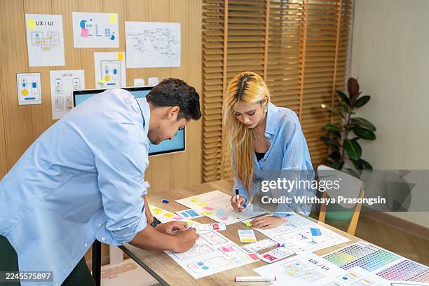 ux ui designers collaborating on web application wireframes - creative studio desk stock pictures, royalty-free photos & images