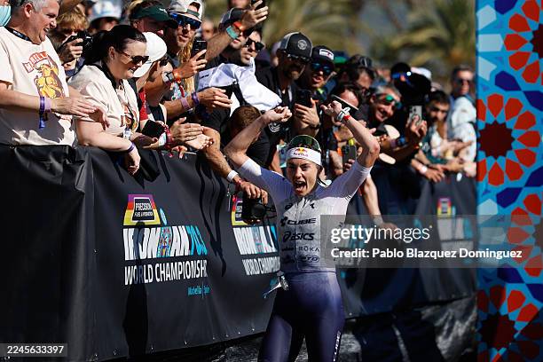 Lucy Charles-Barclay of Great Britain celebrates after winning the IRONMAN 70.3 Women’s World Championship 2025 on November 08, 2025 in Marbella,...