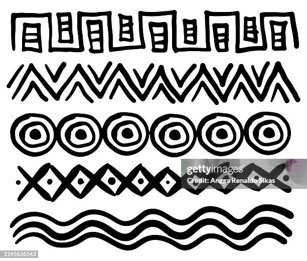 set of black and white hand drawn tribal pattern border - tribal pattern stock illustrations