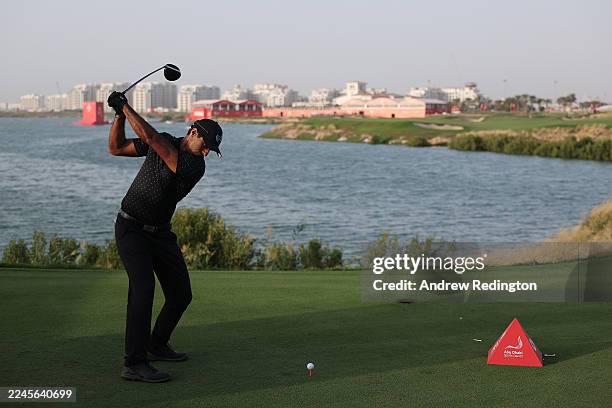 Aaron Rai of England tees off on the 18th hole on day three of the Abu Dhabi HSBC Championship 2025 at Yas Links Golf Course on November 08, 2025 in...