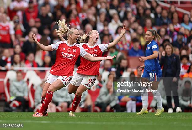 Stina Blackstenius and Beth Mead of Arsenal react during the Barclays Women's Super League match between Arsenal and Chelsea FC at the Emirates...
