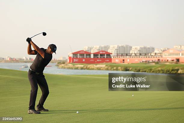 Aaron Rai of England plays his second shot. On the 18th hole on day three of the Abu Dhabi HSBC Championship 2025 at Yas Links Golf Course on...