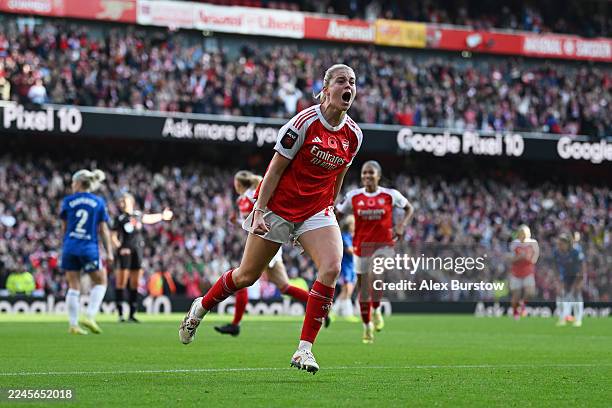 Alessia Russo of Arsenal celebrates scoring her team's first goal during the Barclays Women's Super League match between Arsenal and Chelsea FC at...