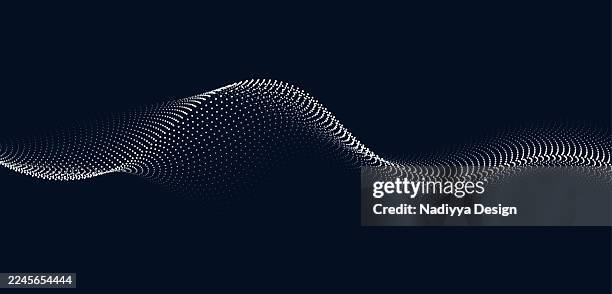 ilustrações de stock, clip art, desenhos animados e ícones de particle wave line design. futuristic dot pattern in white gradient color on dark blue background. - frequência