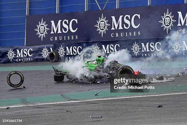 Gabriel Bortoleto of Brazil driving the Kick Sauber C45 Ferrari crashes out during the Sprint ahead of the F1 Grand Prix of Brazil at Autodromo Jose...