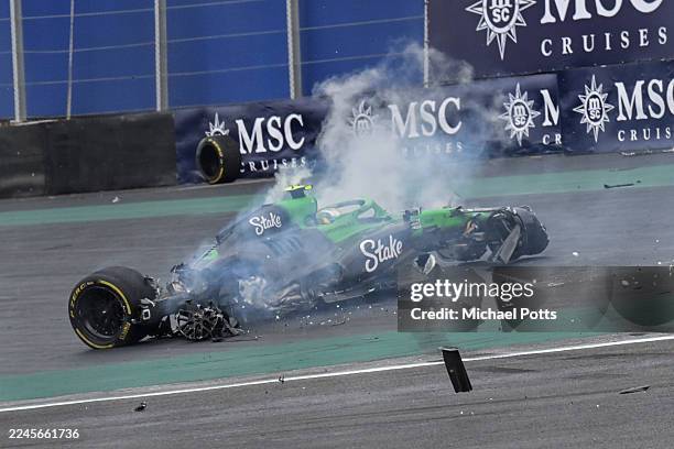 Gabriel Bortoleto of Brazil driving the Kick Sauber C45 Ferrari crashes out during the Sprint ahead of the F1 Grand Prix of Brazil at Autodromo Jose...