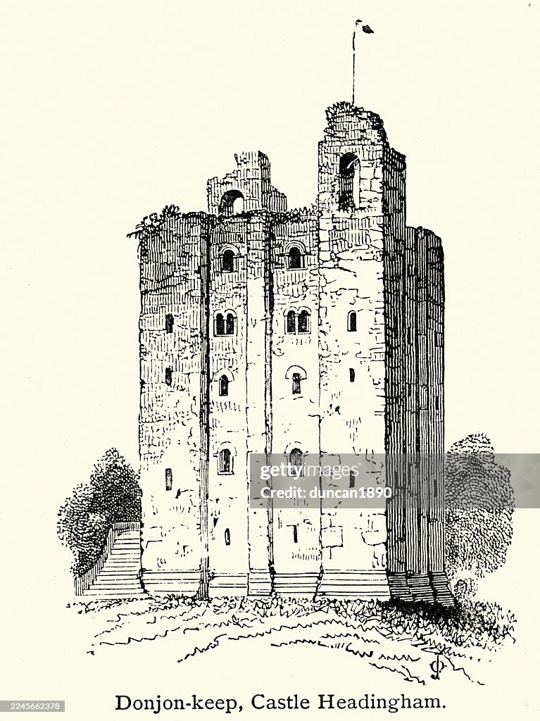Medieval architecture, A donjon (also called a keep) is the most fortified part of a medieval castle, Hedingham, Vintage illustration, 19th Century, Victorian
