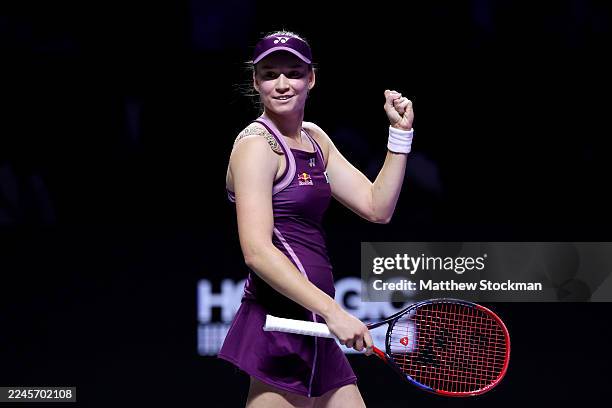 Elena Rybakina of Kazakhstan celebrates winning Championship point against Aryna Sabalenka during the Singles Final match on day eight of the WTA...