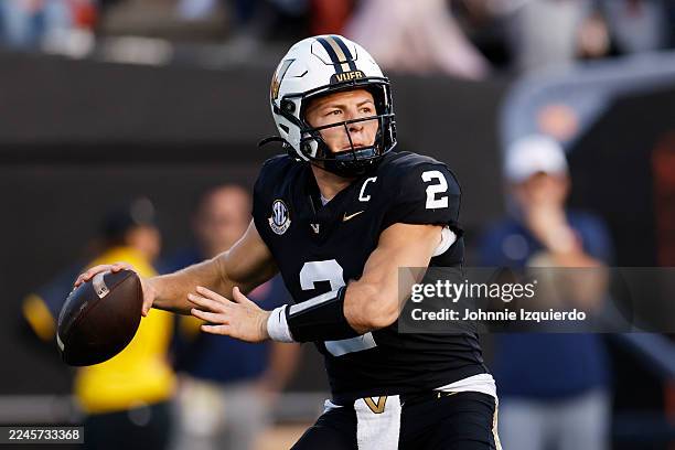 Diego Pavia of the Vanderbilt Commodores drops back to pass during the first half of the game against the Auburn Tigers at FirstBank Stadium on...