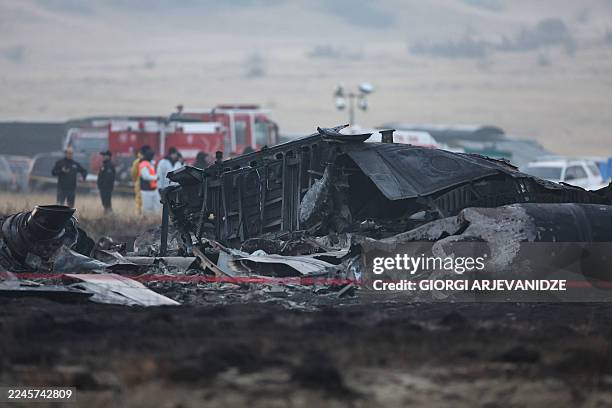 Wreckage is seen at the crash site of the Turkish C-130 military cargo plane in the Sighnaghi area at the Georgia-Azerbaijan border on November 12,...