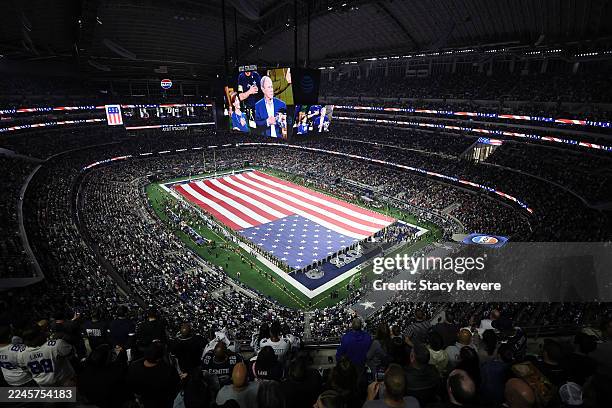 General view of AT&T Stadium prior to a game between the Dallas Cowboys and the Arizona Cardinals on November 03, 2025 in Arlington, Texas.