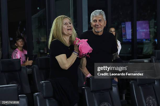 Celia Cuccittini and Jorge Messi, parents of Lionel Messi of Inter Miami CF, celebrate after the 2025 MLS Cup Playoff match between Inter Miami CF...