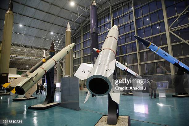 View from the exhibition as Iran exhibits its missiles, satellite-carrying rockets and air defence systems, including the missiles and drones used in...