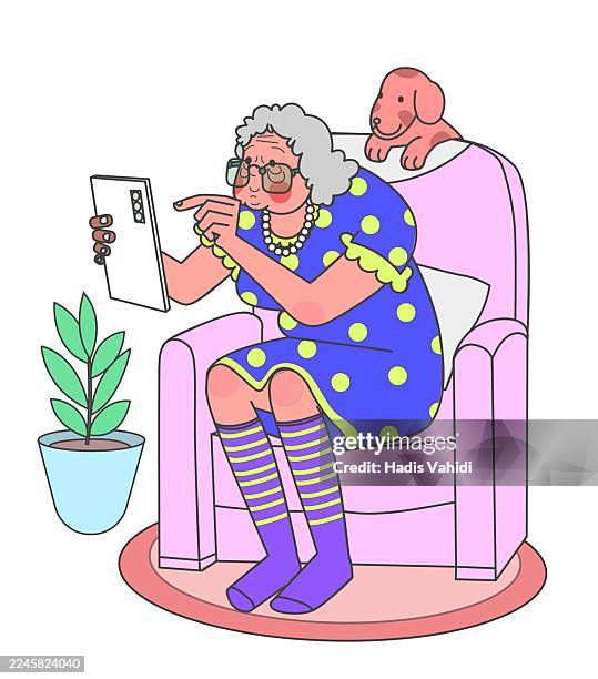 elderly woman using tablet at home - old person computer stock illustrations