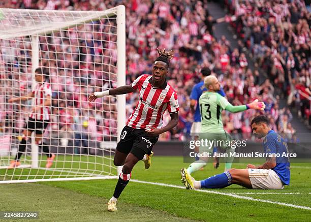 Nico Williams of Athletic Club celebrates scoring his team's first goal during the LaLiga EA Sports match between Athletic Club and Real Oviedo at...