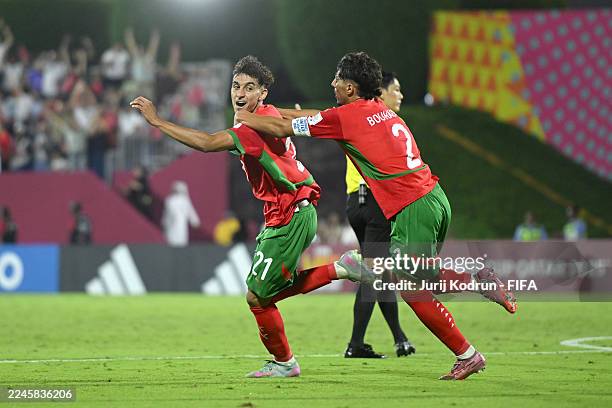Abdelali Eddaoudi of Morocco celebrates scoring his team's fourth goal during the FIFA Under-17 World Cup match between Morocco and New Caledonia at...
