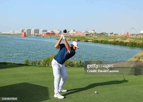 Tyrrell Hatton of England plays his tee shot on the 18th hole during the final round of the Abu Dhabi HSBC Championship 2025 at Yas Links Golf Course...