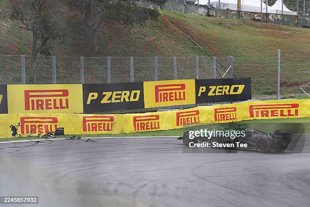 Gabriel Bortoleto of Brazil driving the Kick Sauber C45 Ferrari crashes out during the F1 Grand Prix of Brazil at Autodromo Jose Carlos Pace on...
