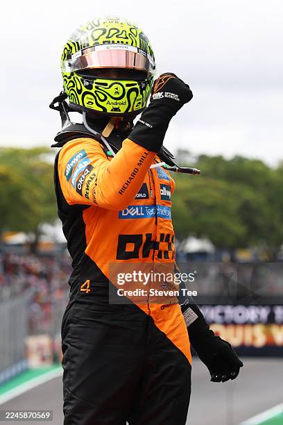 Race winner Lando Norris of Great Britain and McLaren celebrates in parc ferme during the F1 Grand Prix of Brazil at Autodromo Jose Carlos Pace on...