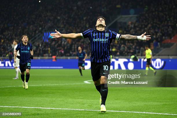 Lautaro Martinez of Internazionale celebrates scoring his team's first goal during the Serie A match between FC Internazionale and SS Lazio at...