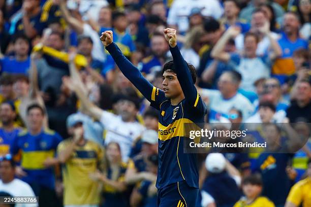 Exequiel Zeballos of Boca Juniors celebrates after scoring the team's first goal during the Torneo Apertura Betano 2025 superclasico match between...