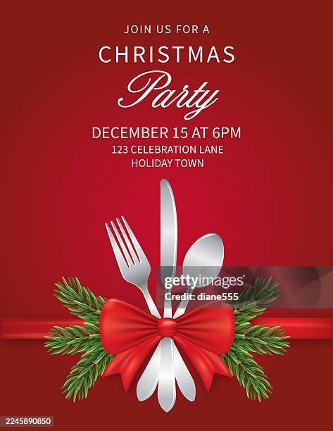 christmas dinner invitation with utensils tied in a red bow - dinner invitation background stock illustrations