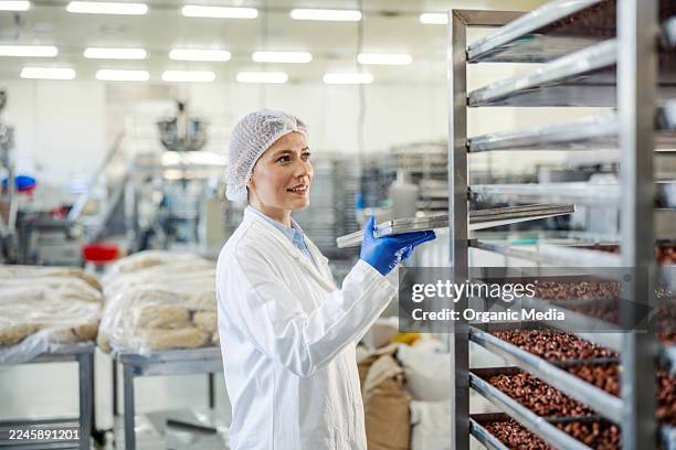 female food factory worker sorting cocoa beans - hair net stock pictures, royalty-free photos & images