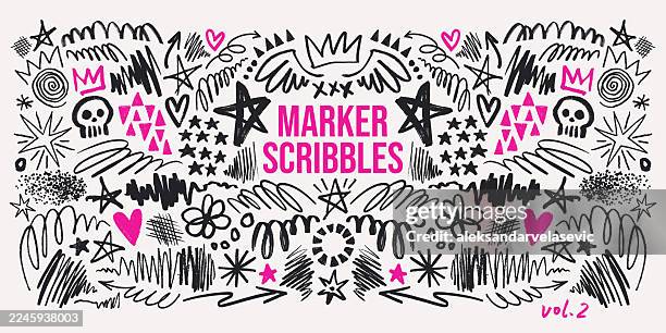 illustrazioni stock, clip art, cartoni animati e icone di tendenza di elementi di design di marker scribbles - pennarello