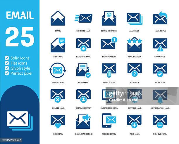 e-mail glyph solid icons. containing email, letter, postcard solid icons collection. vector illustration. perfect pixel on clean white background - open envelope stock illustrations