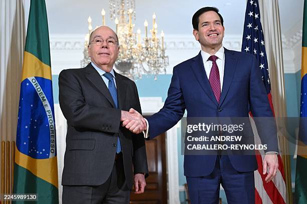 Secretary of State Marco Rubio greets Brazilian Foreign Minister Mauro Vieira at the State Department in Washington, DC, on November 13, 2025.