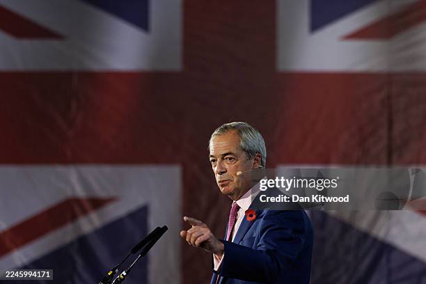 Reform UK Leader Nigel Farage speaks to small business owners during an event at the Royal Horticultural Halls on November 10, 2025 in London,...