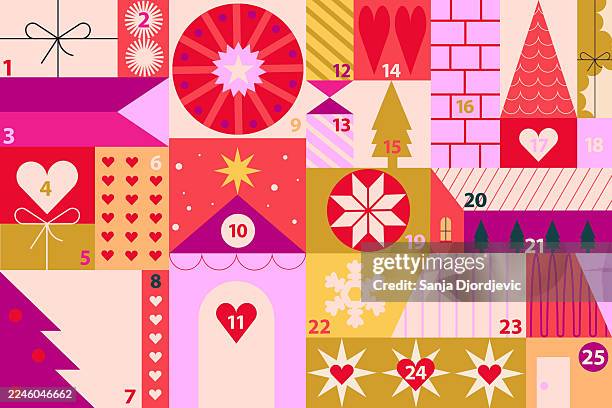 festive advent calendar collage with gifts, christmas trees and hearts in warm color palette - cosy christmas background stock illustrations