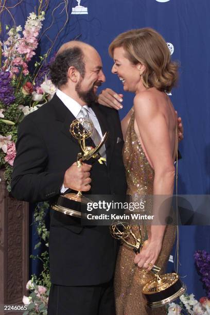 Richard Schiff and Allison Janney of 'West Wing' with their awards for Outstanding Supporting Actor in a Drama Series, and Outstanding Actress in a...