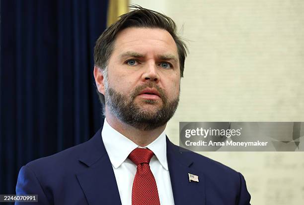 Vice President JD Vance attends the swearing-in ceremony of U.S. Ambassador to India Sergio Gor in the Oval Office of the White House on November 10,...