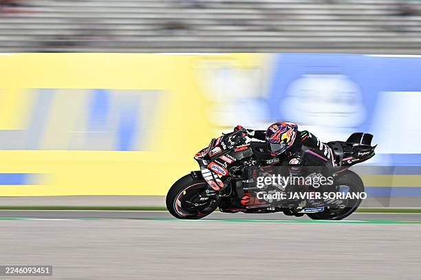 Aprilia racing team's Spanish MotoGP rider Jorge Martin takes part in a practice session ahead of the MotoGP Valencia Grand Prix at the Ricardo Tormo...