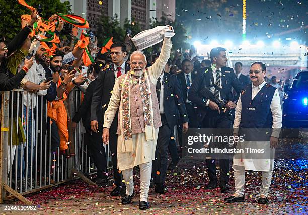Prime Minister Narendra Modi and BJP President JP Nadda arrive to celebrate the victory in the Bihar Assembly Elections 2025 at the BJP HQ on...