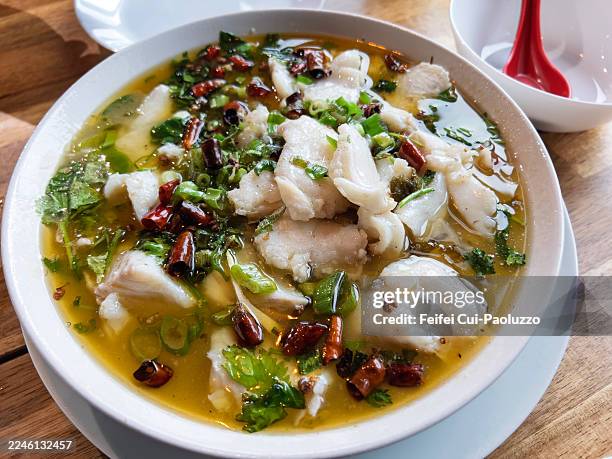 chinese boiled cod fish with pickled cabbage and chili - pickled stock pictures, royalty-free photos & images