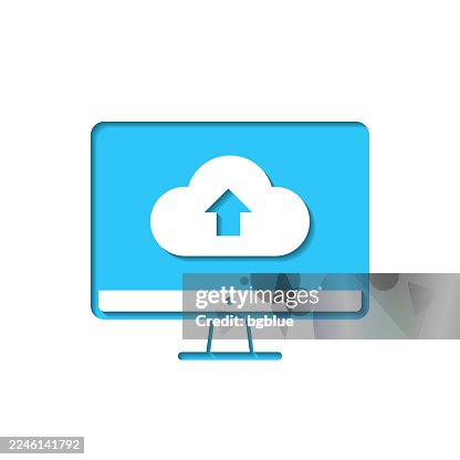 Cloud upload from desktop computer. Icon cut out on white paper with blue background Cloud upload from desktop computer. Icon cut out on white paper with blue background