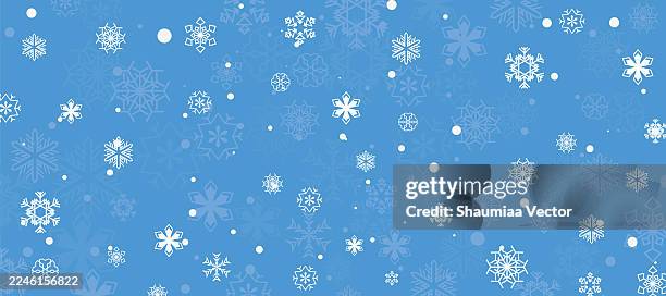 vector set of white snowflakes on blue background - winter header background stock illustrations