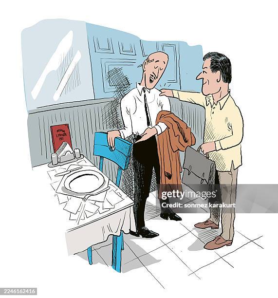 a nostalgic, traditional restaurant with hospitable waiters - winter coat isolated stock illustrations